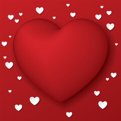 3D red heart balloon with many white heart confetti paper cut style on red background