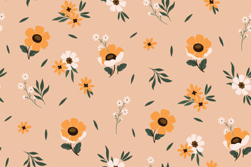 Fototapeta premium Seamless floral pattern, cute ditsy print in folk motif. Pretty botanical design of hand drawn wild plants, small flowers, tiny leaves abstract on yellow background. Simple nature ornament. Vector.