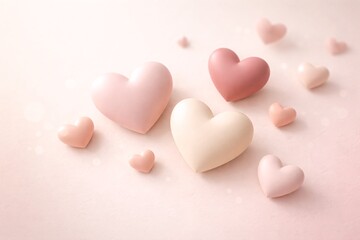Obraz premium Soft Floating Pink Hearts on Pastel Background, Minimal Romantic Love Concept with Smooth 3D Shapes, Elegant Valentine Day, Wedding, Anniversary, Emotion and Modern Abstract Stock Image