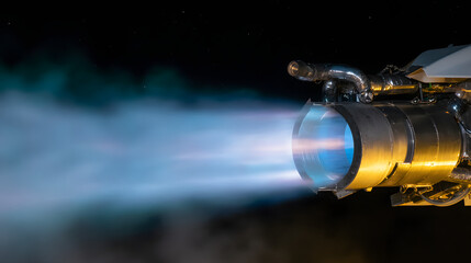 thrust. Dramatic night scene of a rocket launch, illuminated by glowing exhaust against a starry sky. STEM education sheets, lab safety posters, designed for biotech research communications.