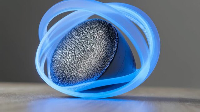 Portable speaker wireless modern blue light technology music sound audio gadget table illuminated closeup contemporary relaxation entertainment home lifestyle electronic compact stylish mesh texture