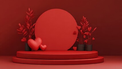 Minimal Red Monochrome Pedestal Stage with Hearts and Plants. Valentines Day 3D Render Display Mockup Background for Product Presentation.