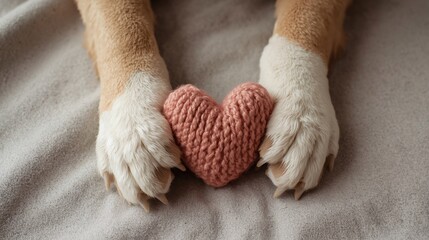 Cute golden retriever dog paws holding pink handmade crochet heart on soft beige background, adorable puppy pet love concept for valentines day affection, care, friendship, loyalty and knitting lovers
