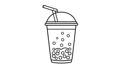 A line art illustration of a beverage in a plastic cup with a straw, featuring a dome lid and scattered bubbles