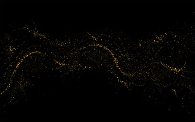 Gold exquisite wavy background made of small isolated tinsel on black background.