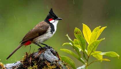 Obraz premium A colorful bird perched on a mossy rock amidst falling rain with vibrant green leaves blurred in the background