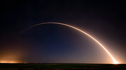 thrust. Dramatic night scene of a rocket launch, illuminated by glowing exhaust against a starry sky. STEM education sheets, lab safety posters, designed for biotech research communications.