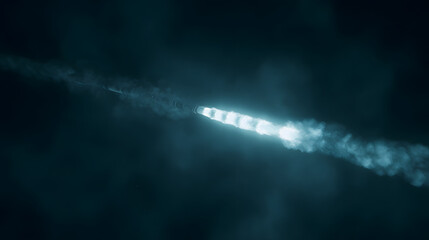 thrust. Dramatic night scene of a rocket launch, illuminated by glowing exhaust against a starry sky. STEM education sheets, lab safety posters, designed for biotech research communications.