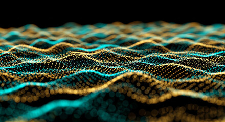 Abstract Waves of Digital Data: Digital data visualization showcasing undulating waves of interconnected particles in shades of teal and gold, against a black backdrop.