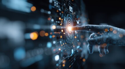 Wireframe hand touching glowing digital interface with radial lines and futuristic lights on dark background