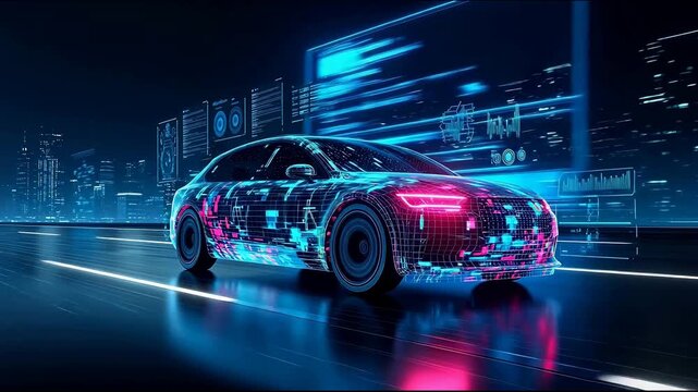 3D render autonomous sedan with digital pixel camouflage skin, automotive cyber security and anti-hacking concept, OTA software update and data encryption protection video footage.