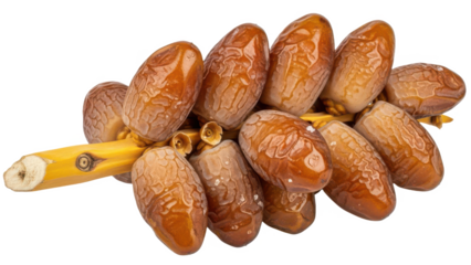 Close-up of fresh organic Deglet Noor dates on a branch isolated on white background.