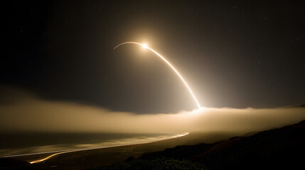 thrust. Dramatic night scene of a rocket launch, illuminated by glowing exhaust against a starry sky. STEM education sheets, lab safety posters, designed for biotech research communications.