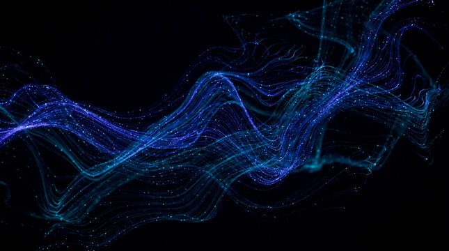 Abstract swarm intelligence background with glowing blue particles forming fluid waves in dark space. Futuristic technology concept of neural networks, big data flow, and digital energy.