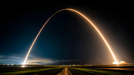 thrust. Dramatic night scene of a rocket launch, illuminated by glowing exhaust against a starry sky. STEM education sheets, lab safety posters, designed for biotech research communications.