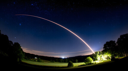 thrust. Dramatic night scene of a rocket launch, illuminated by glowing exhaust against a starry sky. STEM education sheets, lab safety posters, designed for biotech research communications.