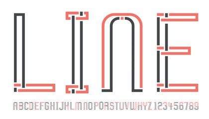 An English typeface with interlaced black and red stripes creating a woven fabric effect