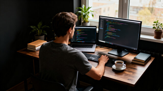 Programmer Working at Desk in Dark Room, Screen Light, Back View - Powered by Adobe