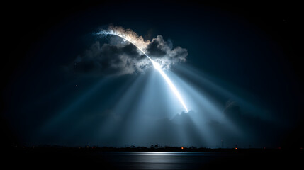 thrust. Dramatic night scene of a rocket launch, illuminated by glowing exhaust against a starry sky. STEM education sheets, lab safety posters, designed for biotech research communications.
