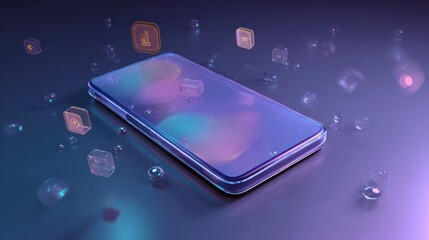 Futuristic smartphone with glowing screen and floating abstract icons in a high-tech 3d environment