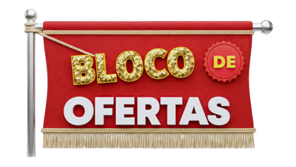 Red Flag Banner with "Bloco de Ofertas" Text and Sequins