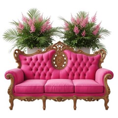 Elegant pink velvet sofa with floral arrangements