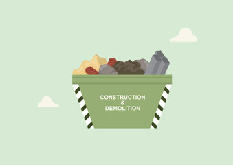 Flat vector of a green striped skip bin filled with construction debris like rocks, bricks, and rubble, ideal for waste management and building concepts. Vector illustration
