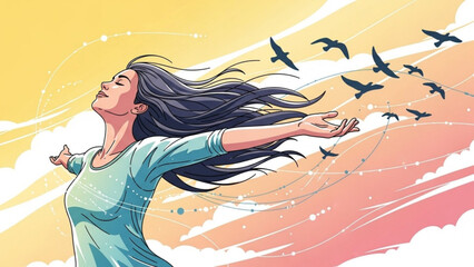 Woman with arms outstretched embracing freedom birds flying in a colorful sky symbolizing hope and new beginnings