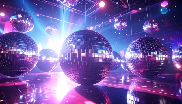 A glowing disco ball sphere shines with bright blue light and magic stars in this festive party illustration design