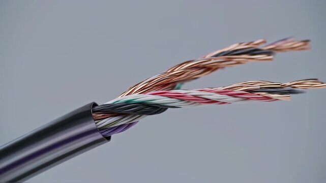 Close-up of a twisted-pair cable with colored insulation
