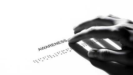Finger touching printed braille dots spelling awareness alongside raised text symbolizing tactile reading and visual impairment education for accessibility