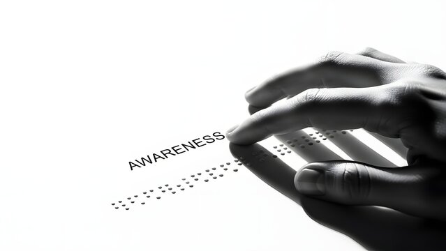 Finger touching printed braille dots spelling awareness alongside raised text symbolizing tactile reading and visual impairment education for accessibility - Powered by Adobe