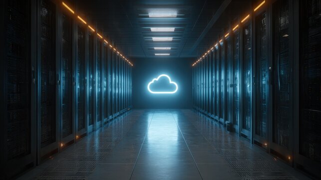 Cloud computing concept in a futuristic data center with glowing neon symbol - Powered by Adobe