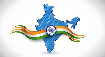 Illustration of a map of India with a waving flag.