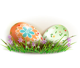 Easter composition with two eggs and a wicker, design element.