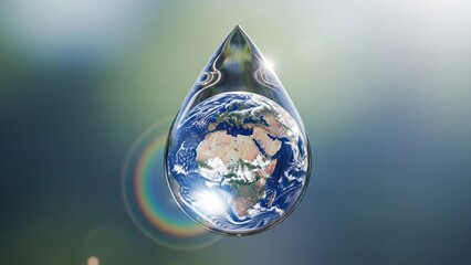 Earth inside water drop with blue background