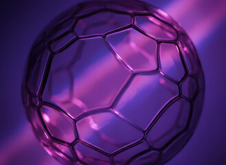 Gleaming metallic sphere adorned with hexagonal facets under a luminous purple and magenta glow