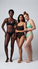 Multi-ethnic group of three confident women posing together in swimwear or lingerie, celebrating body diversity, wellness, and unity on a neutral background.