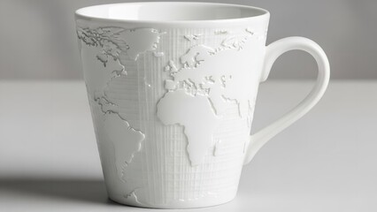 White ceramic mug featuring world map continents design