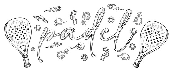 Horizontal Padel Tennis Pattern with Rackets, Balls, and Accessories. vector illustration