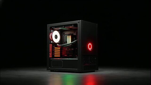 Aesthetic Modern Computer Render in a Dark Setting with Dynamic Lighting and Showcase