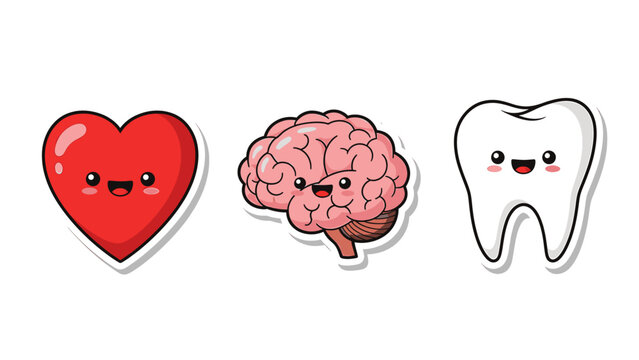 Adorable Kawaii Heart, Brain, and Tooth Stickers A Cute Cartoon Representation of Health Concepts and Wellness Symbols