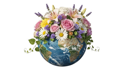 Globe decorated with blooming flowers, symbolizing environmental beauty and harmony, creative concept, copy space