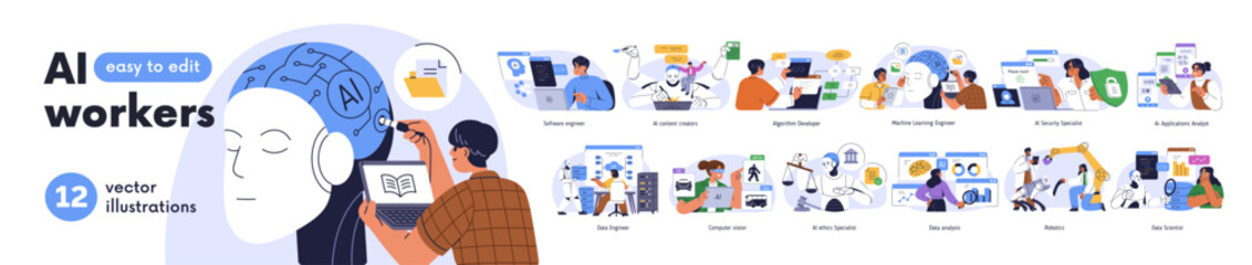 AI professions, artificial intelligence workers set. Software engineers, digital data analyst, robotics specialists, scientists. Machine learning. Flat vector illustration isolated on white background