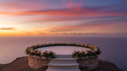 A circular stone platform adorned with a vibrant floral arrangement of pink and white flowers and green foliage sits on a cliff edge overlooking the ocean at sunset with a dramatic colorful sky