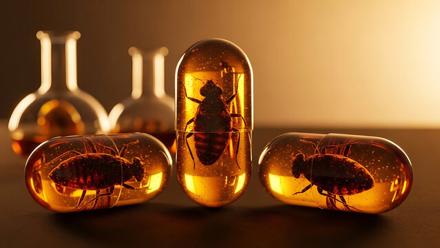 Cockroaches trapped in amber capsules with laboratory equipment