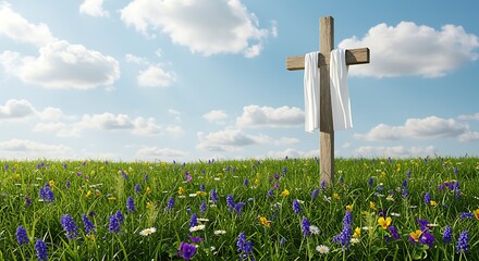 Wooden cross with white cloth in a field of colorful flowers under a blue sky