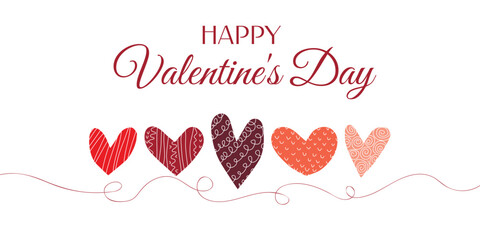 Modern minimalist banner for Valentines Day. Horizontal template with cute hearts and congratulatory text. Vector graphic