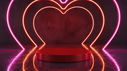 A deep red circular podium sits before a large neon heart outline with inner concentric heart shapes illuminated in pink and orange neon against a dark, textured concrete wall and a highly