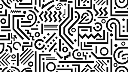 Geometric pattern with black lines and shapes on white background